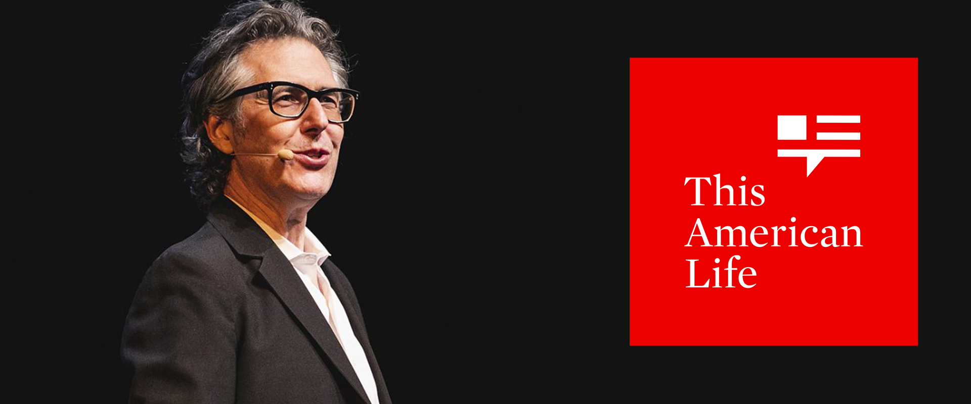 This American Life host Ira Glass with program logo